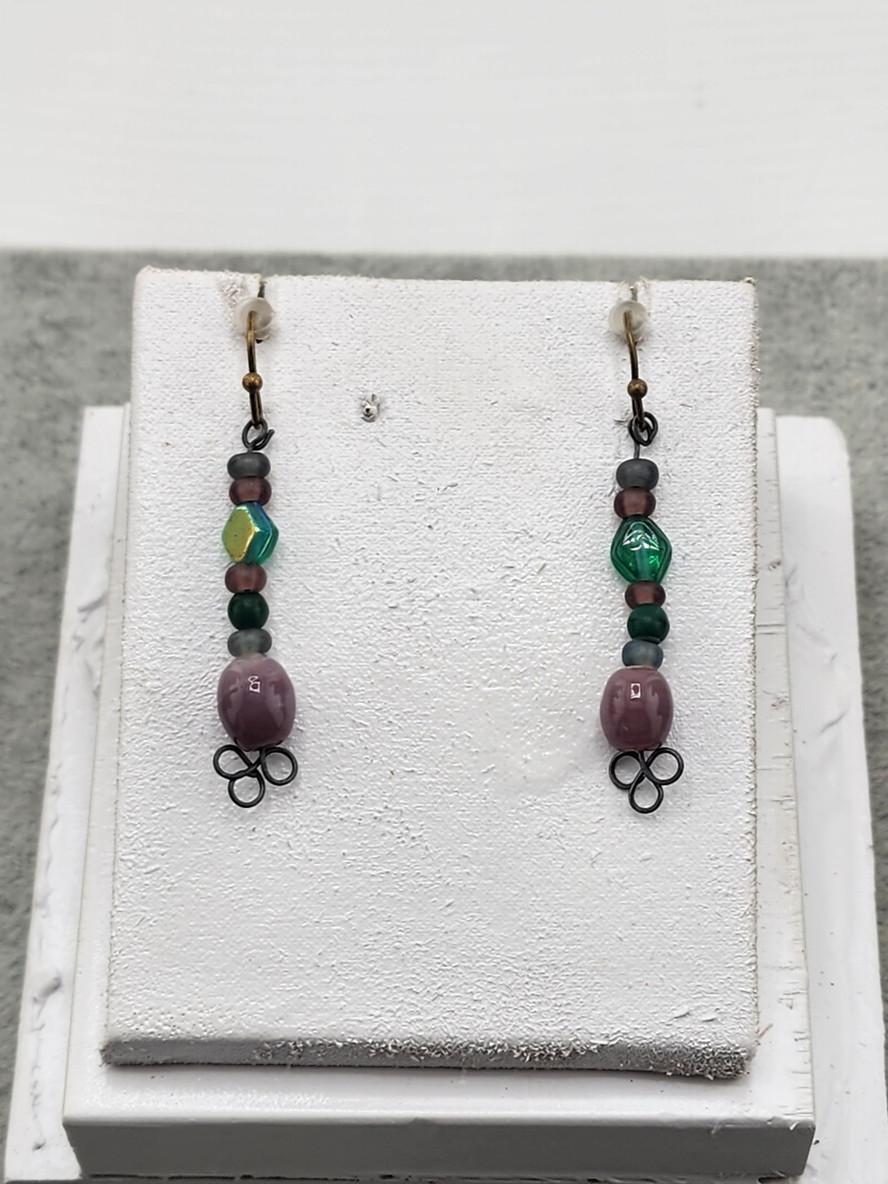 Handcrafted Purple & Green Bead Drop Earrings